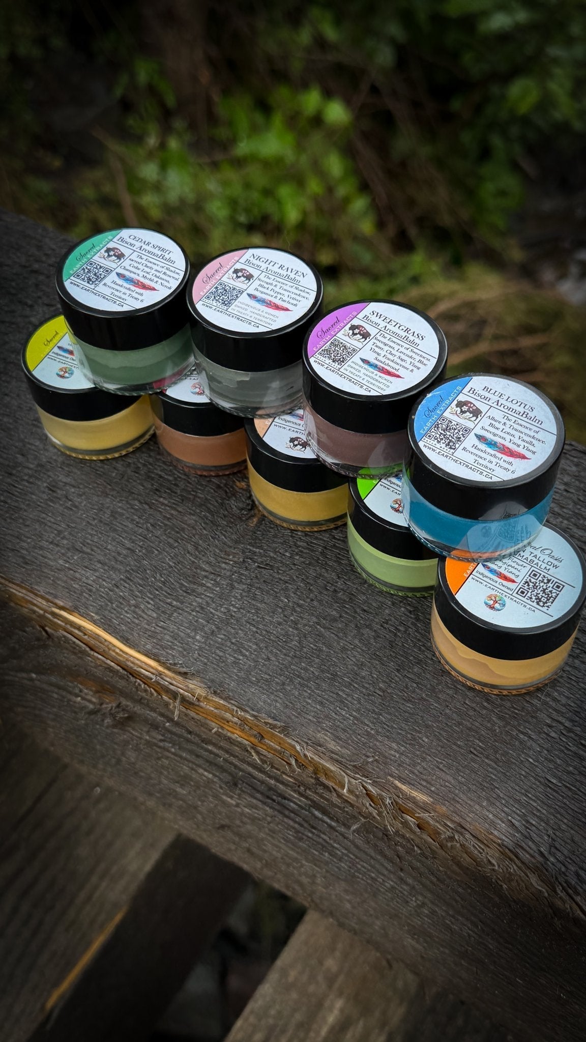 Bison tallow AromaBalm jars seen from above, showing the labelled lids