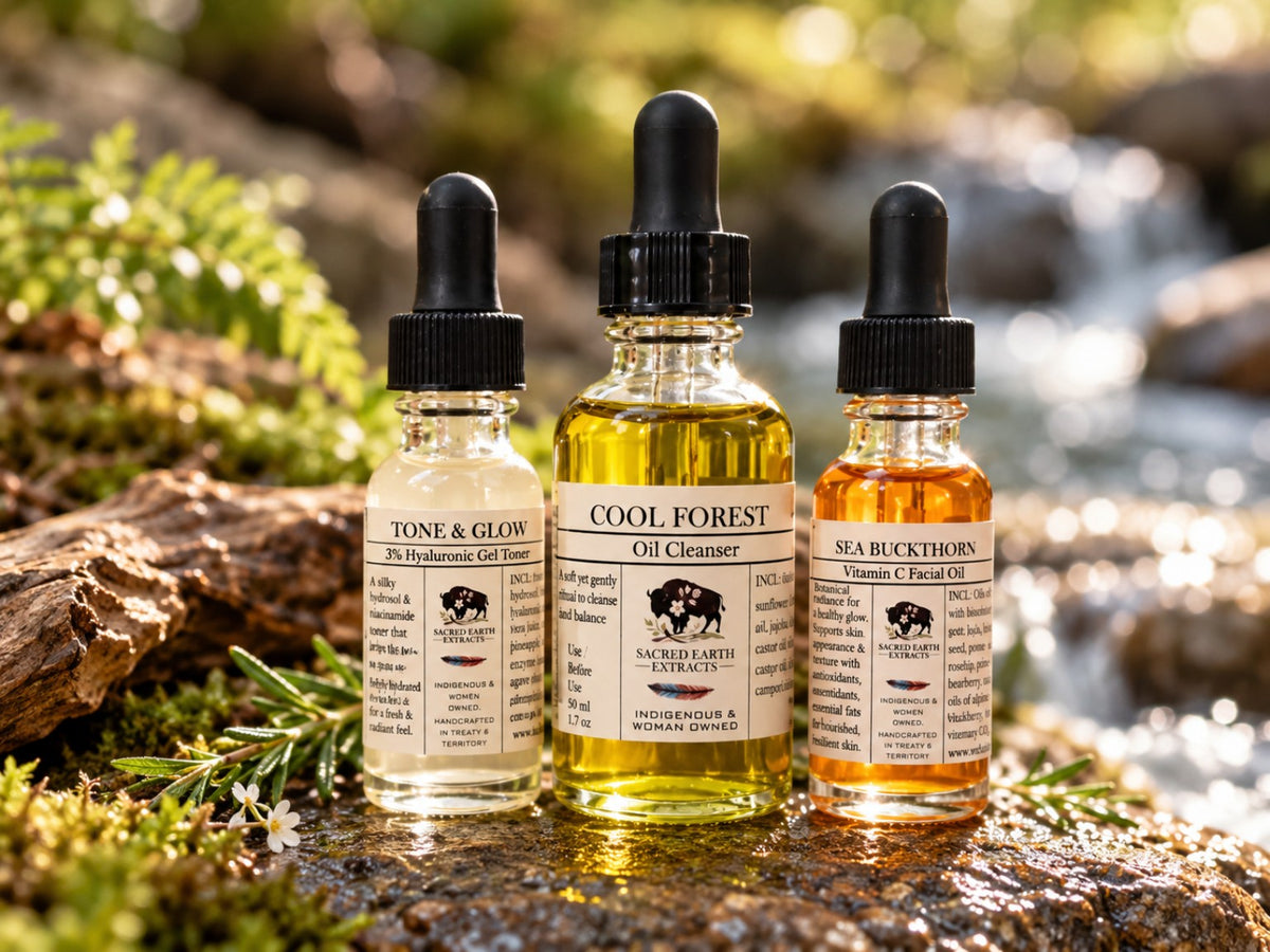 GLOW facial care gift bundle: Tone & Glow, Cool Forest Oil Cleanser and Sea Buckthorn facial oil in a moss and water setting