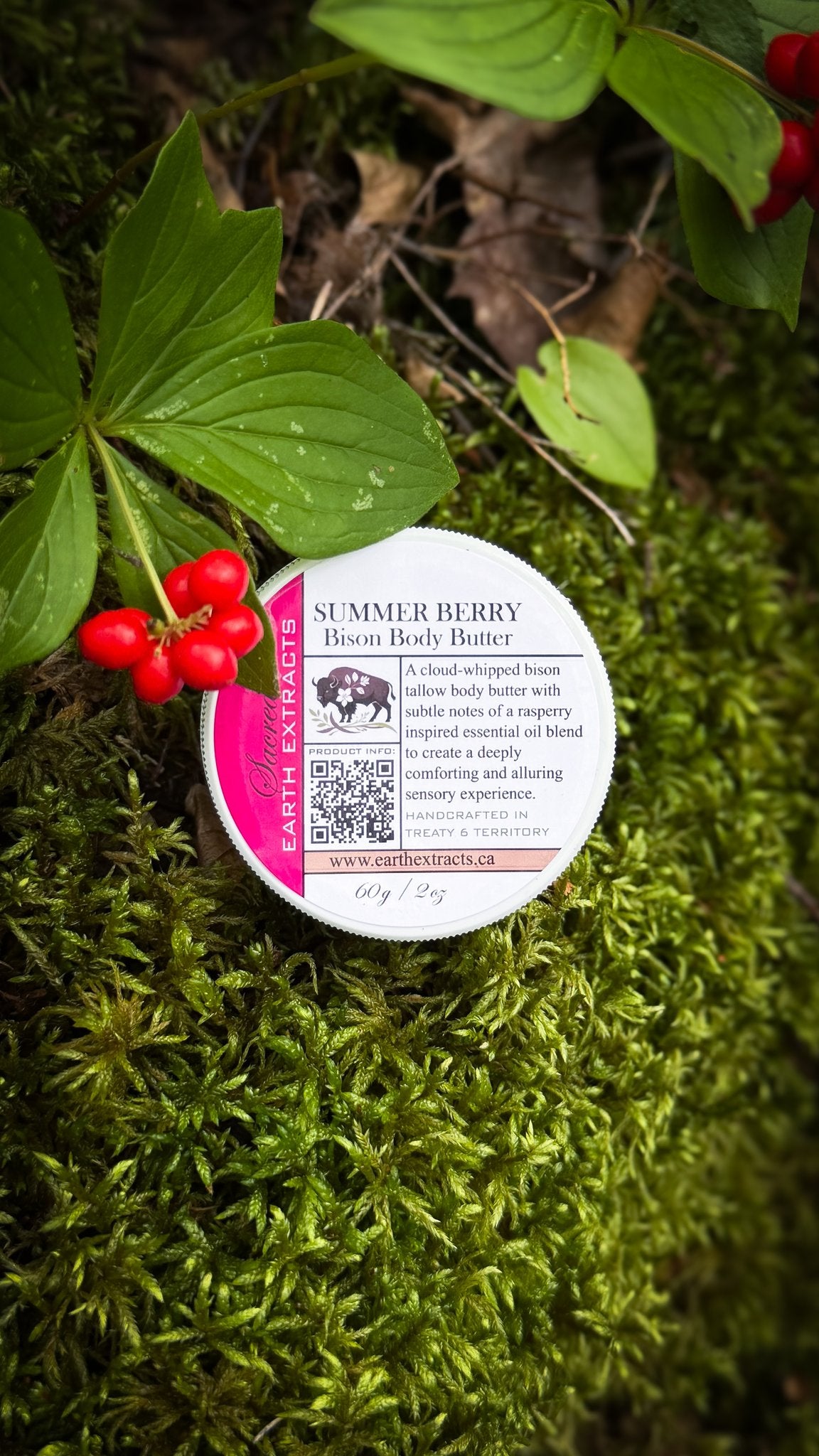 Summer Berry bison body butter jar with red bunchberries