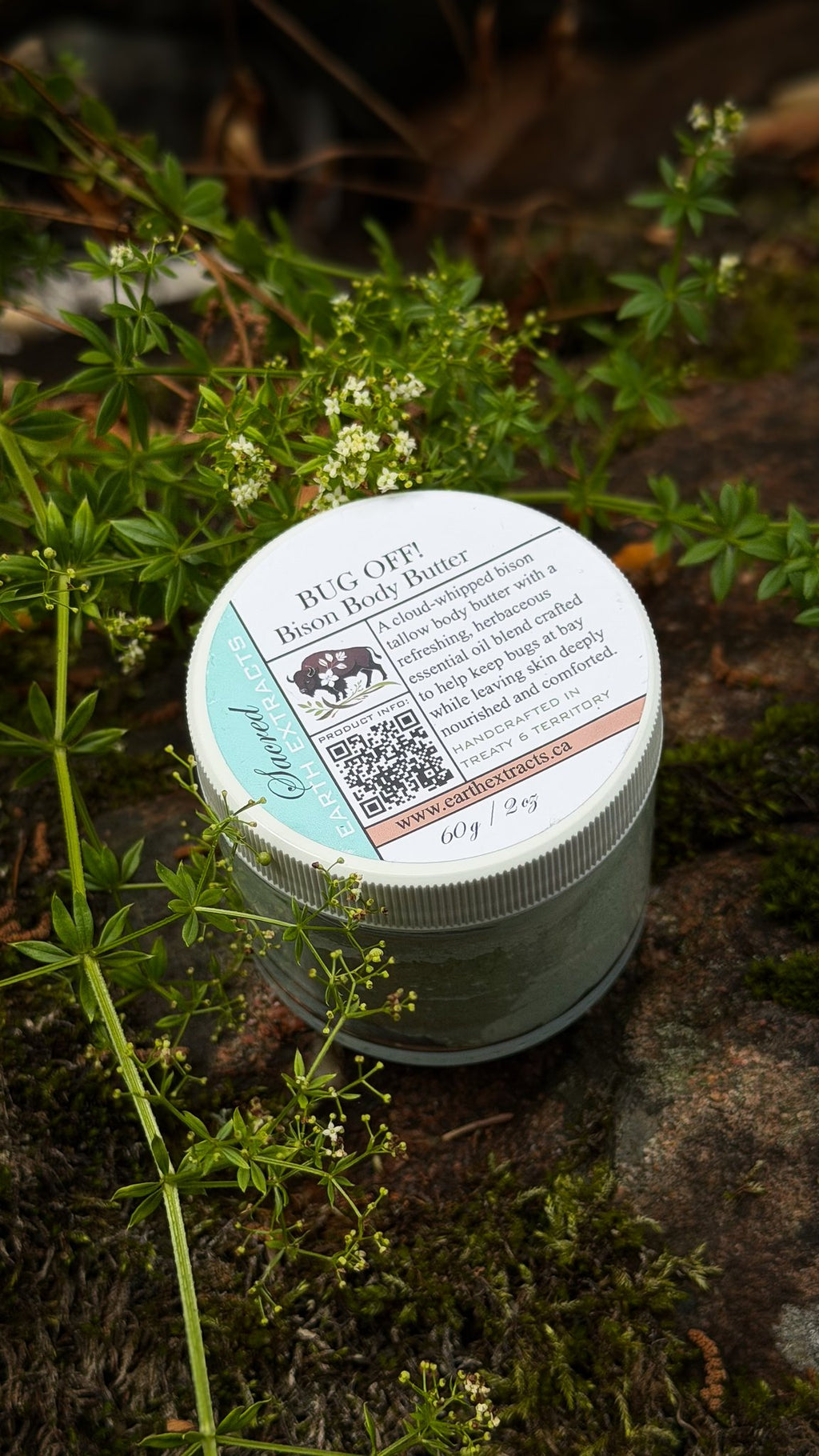 Bug Off bison body butter among wild plants