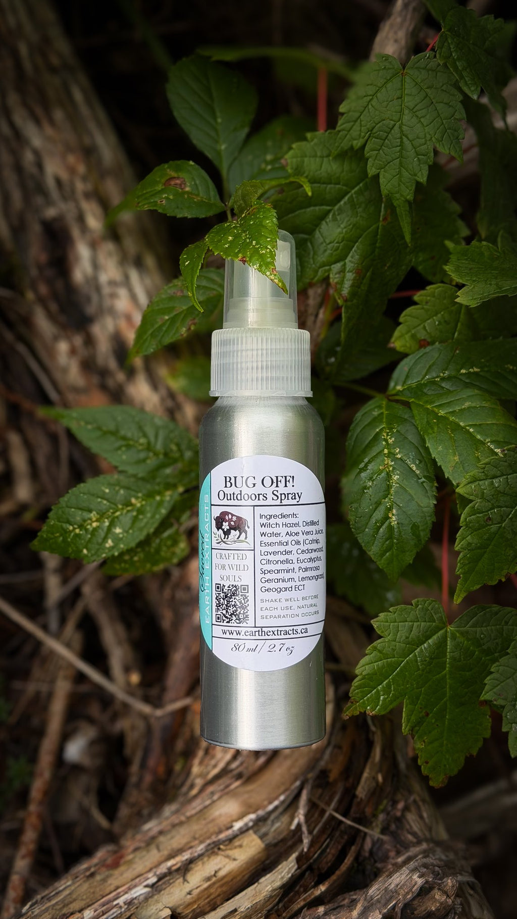 Bug Off outdoors spray bottle among leaves