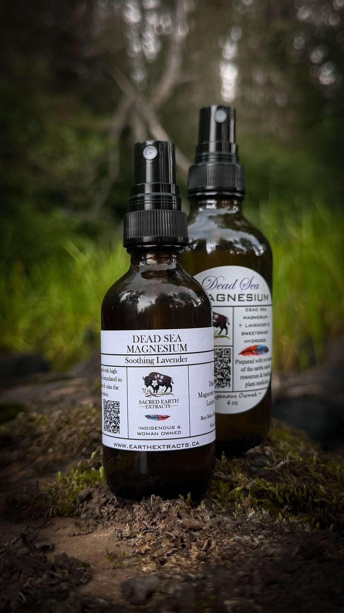 Dead Sea Magnesium spray bottles in the forest