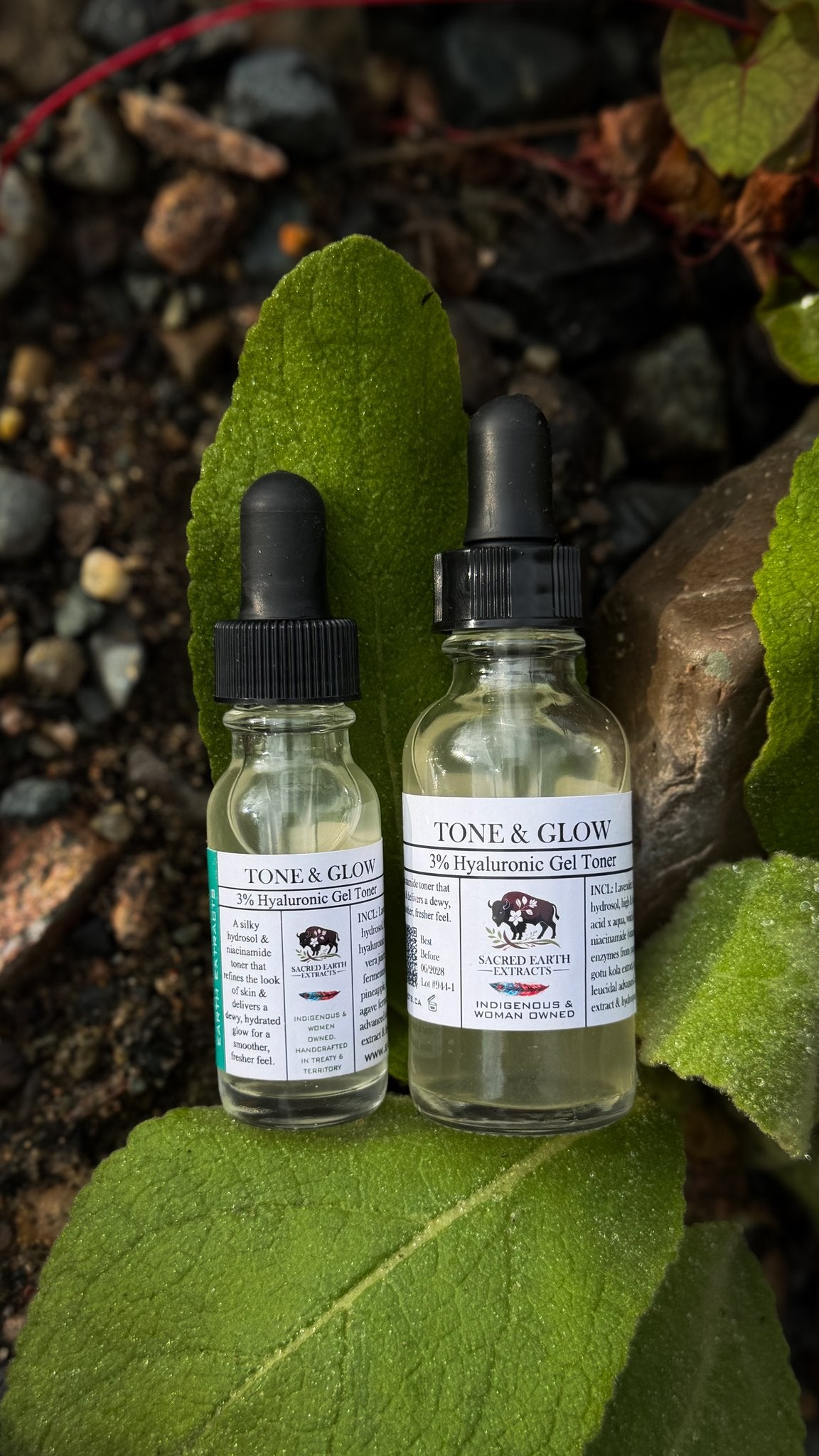 Tone and Glow hyaluronic gel toner in two sizes on a leaf