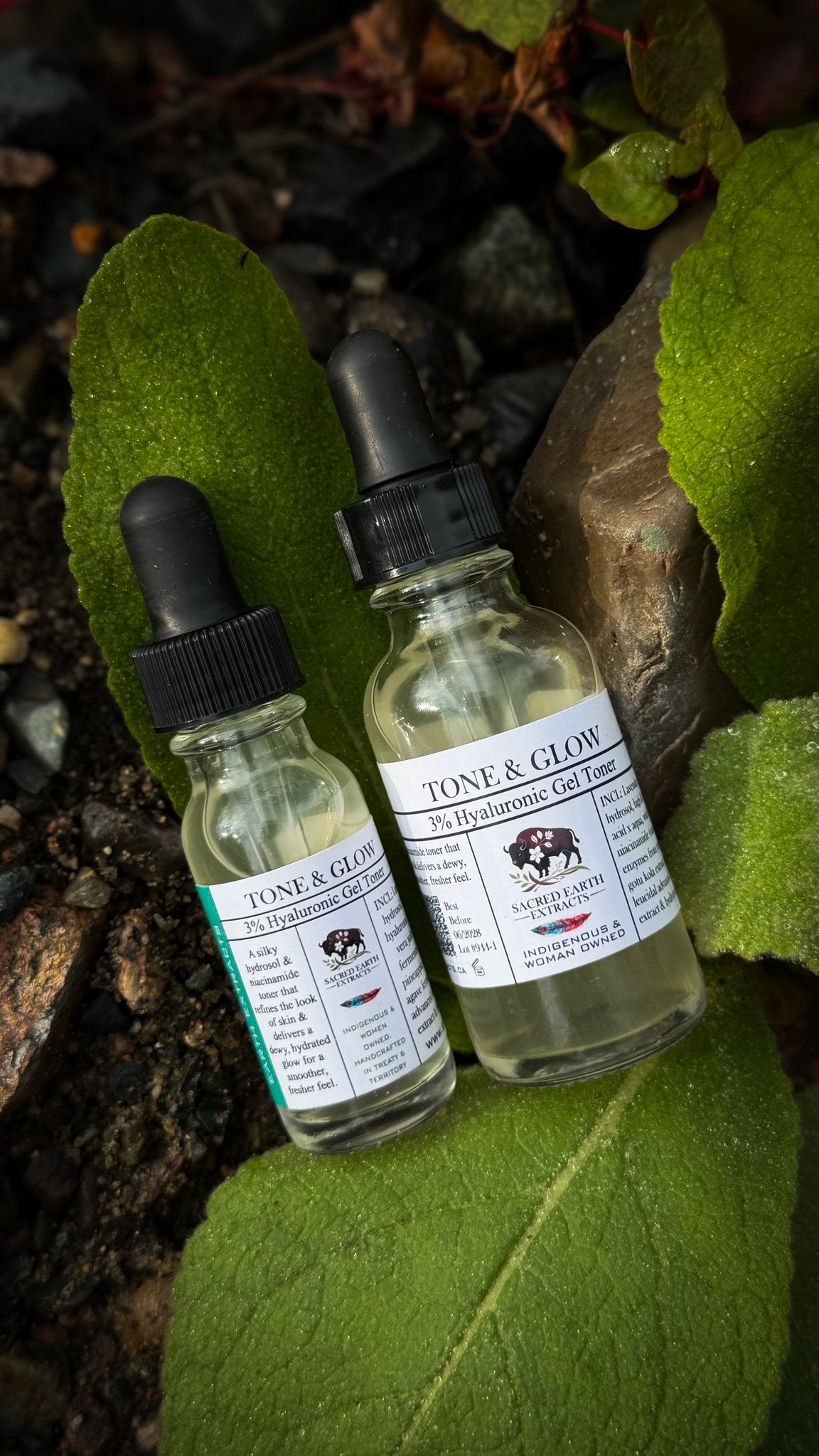 Tone and Glow gel toner bottles on a leaf