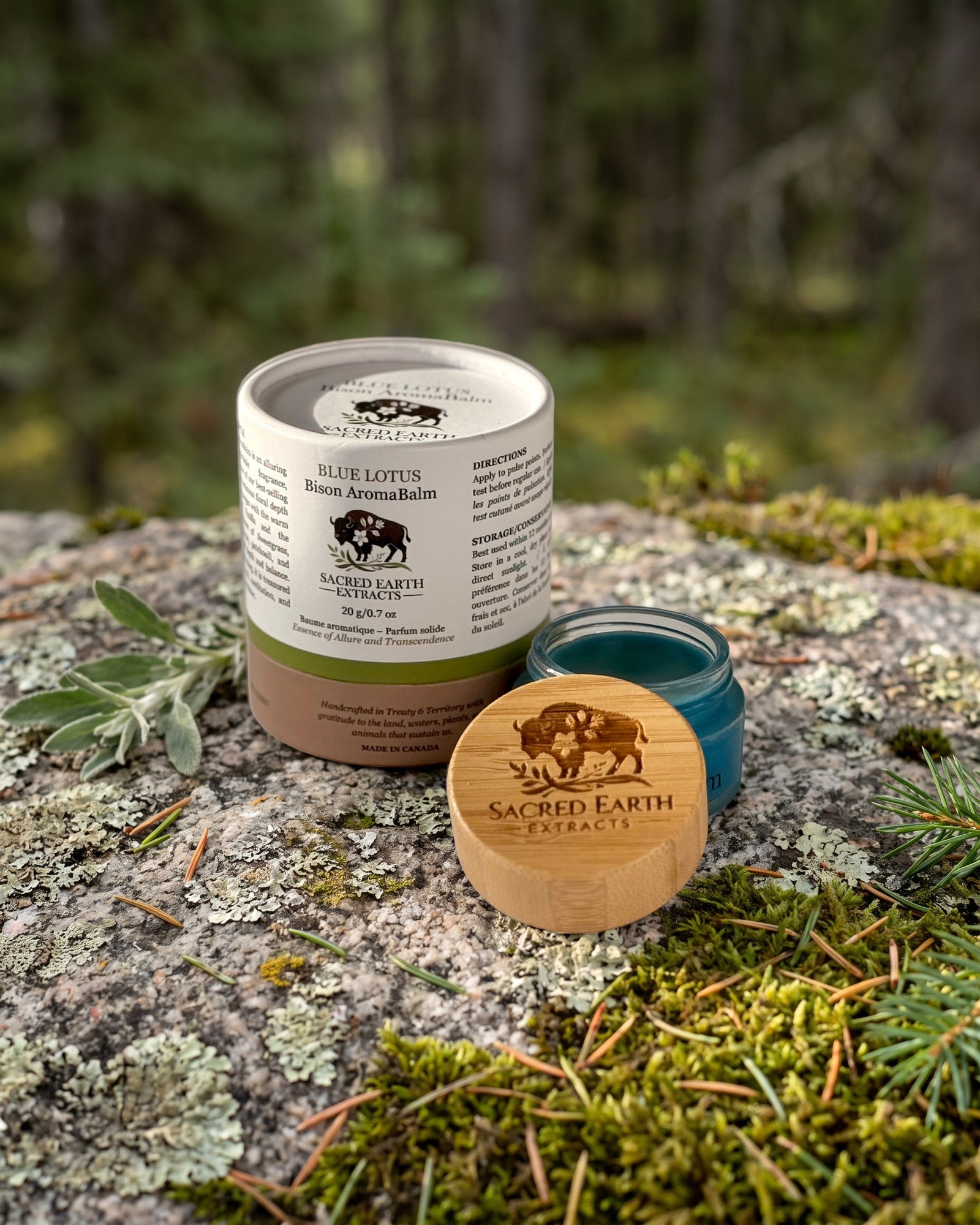 Blue Lotus Bison AromaBalm on a lichen-covered granite stone on a boreal forest floor