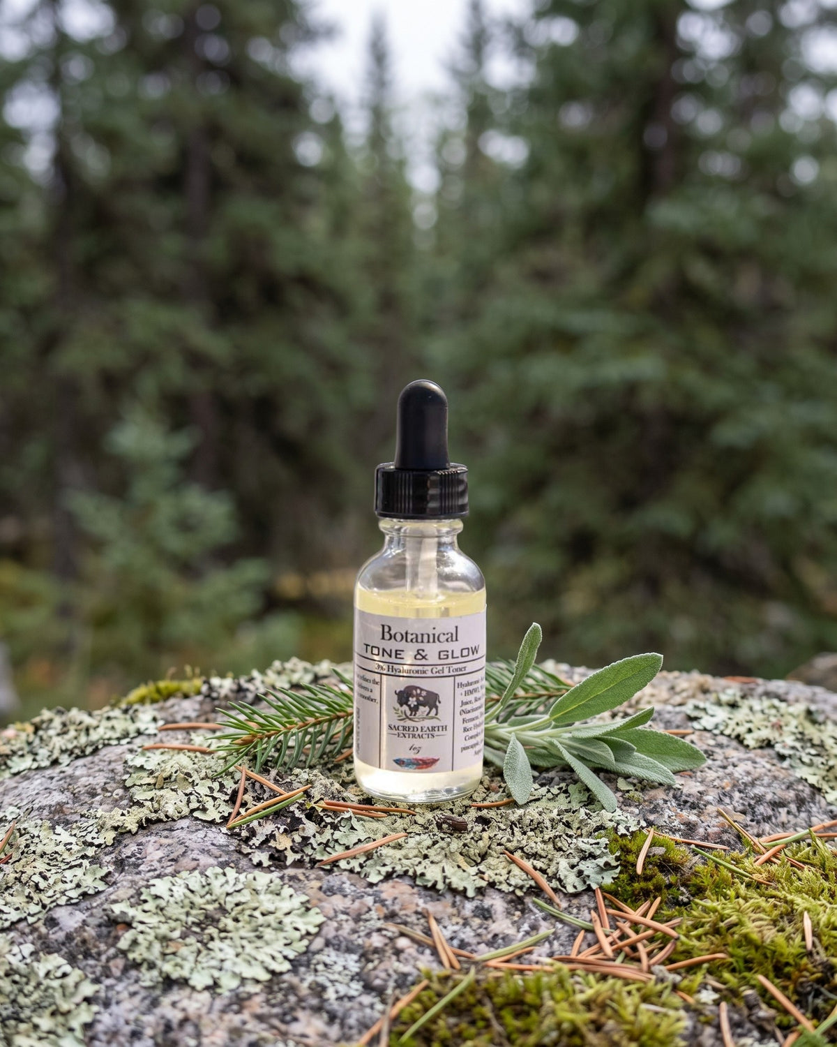 Botanical Tone & Glow 3% Hyaluronic Gel Toner on a lichen-covered granite stone on a boreal forest floor