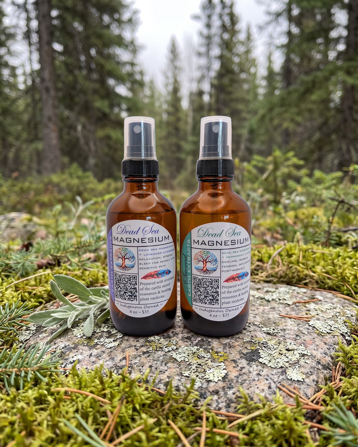 Dead Sea Magnesium Spray on a lichen-covered granite stone on a boreal forest floor