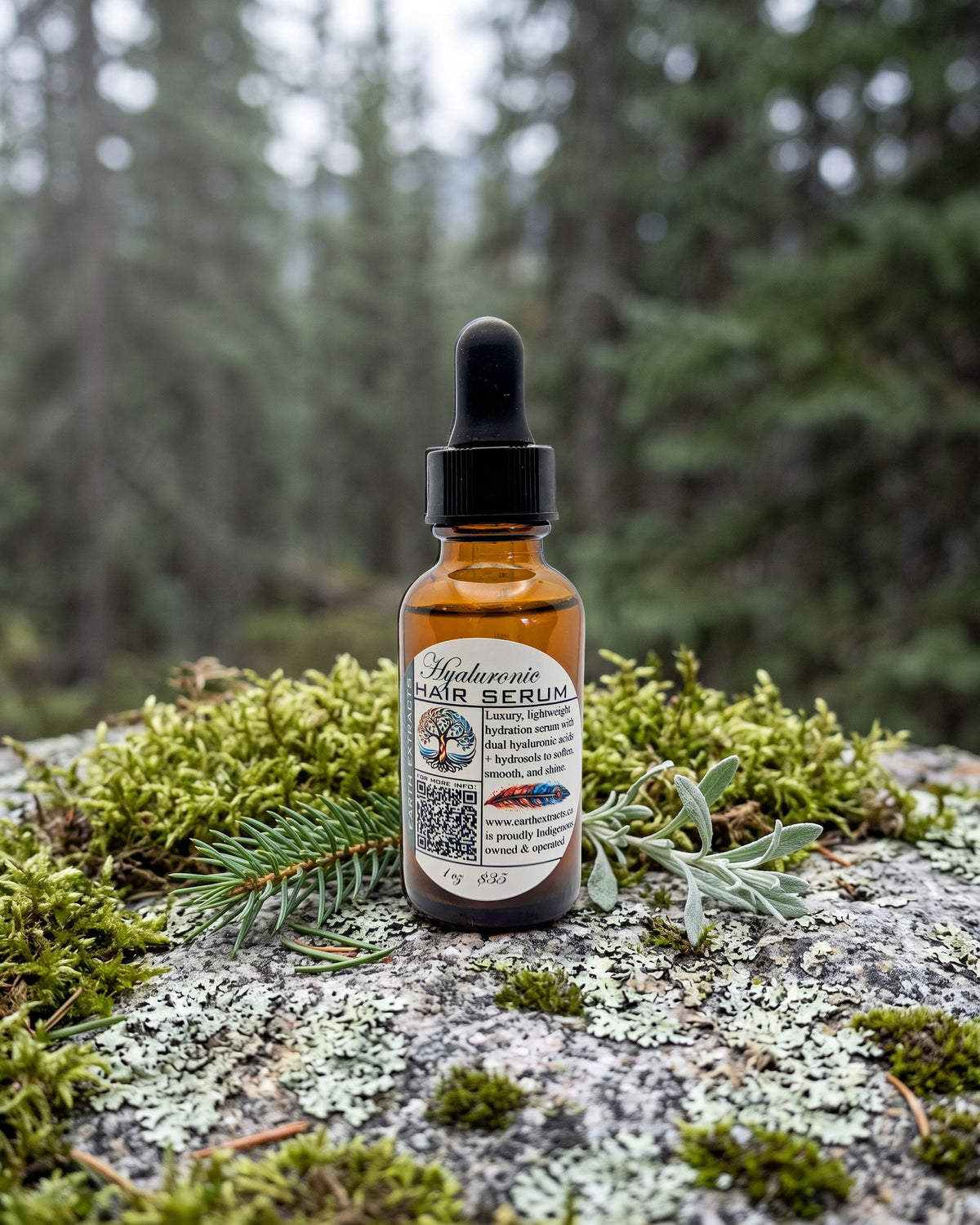 Dual Hyaluronic Hair Serum on a lichen-covered granite stone on a boreal forest floor