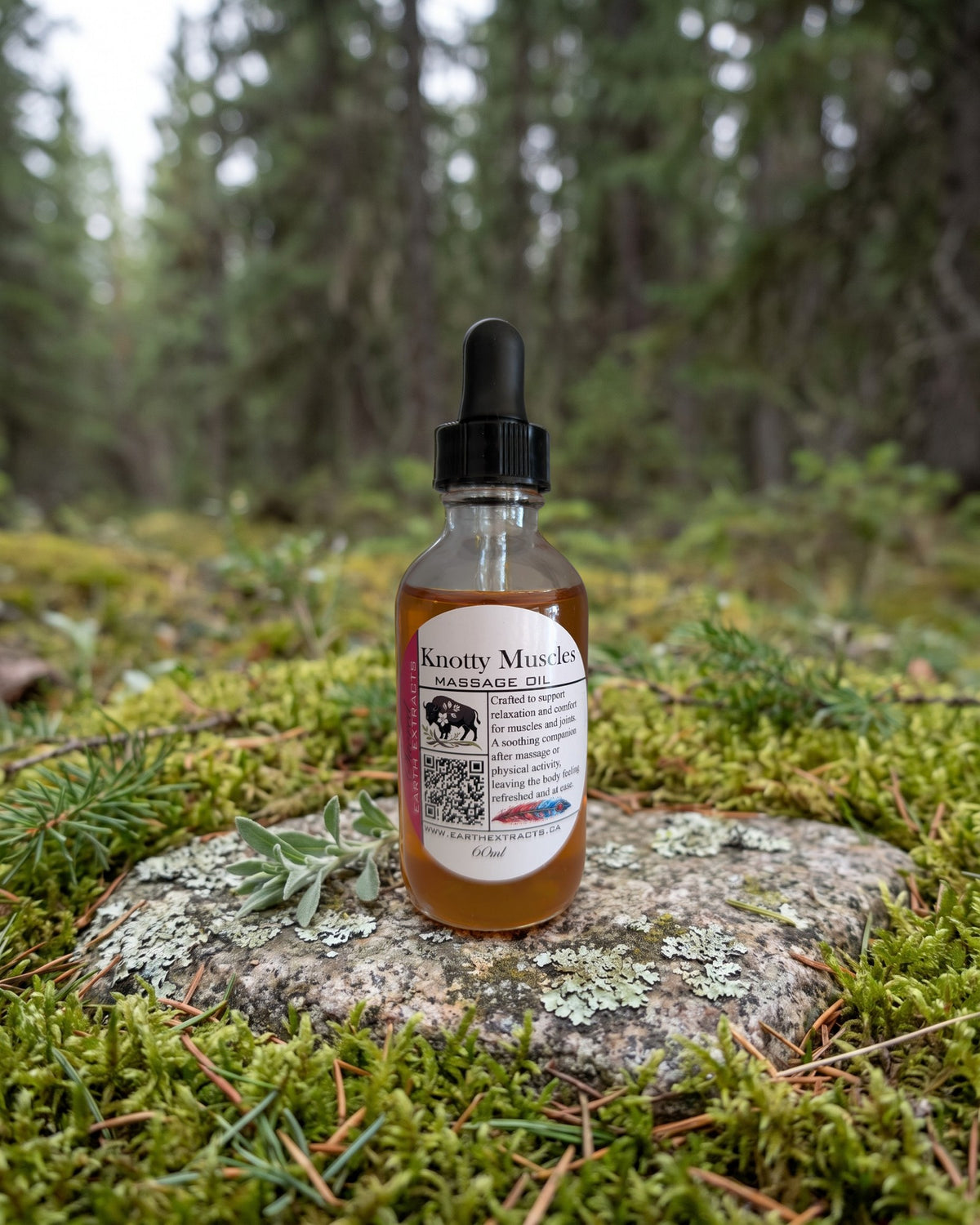 Knotty Muscles Massage Oil on a lichen-covered granite stone on a boreal forest floor