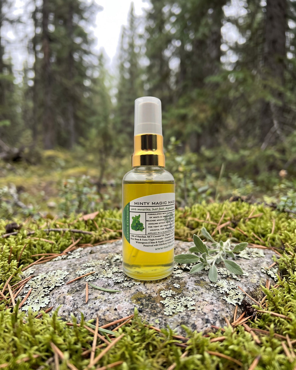 Minty Magic Massage Oil on a lichen-covered granite stone on a boreal forest floor