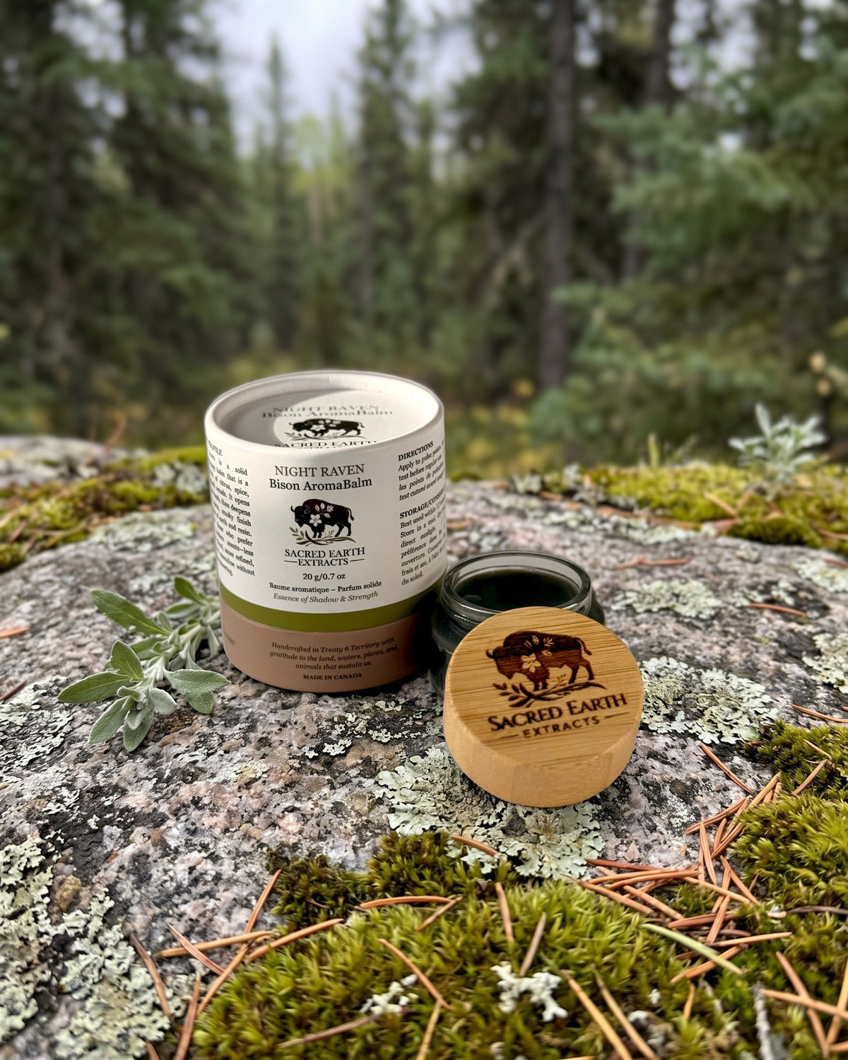 Night Raven Bison AromaBalm on a lichen-covered granite stone on a boreal forest floor