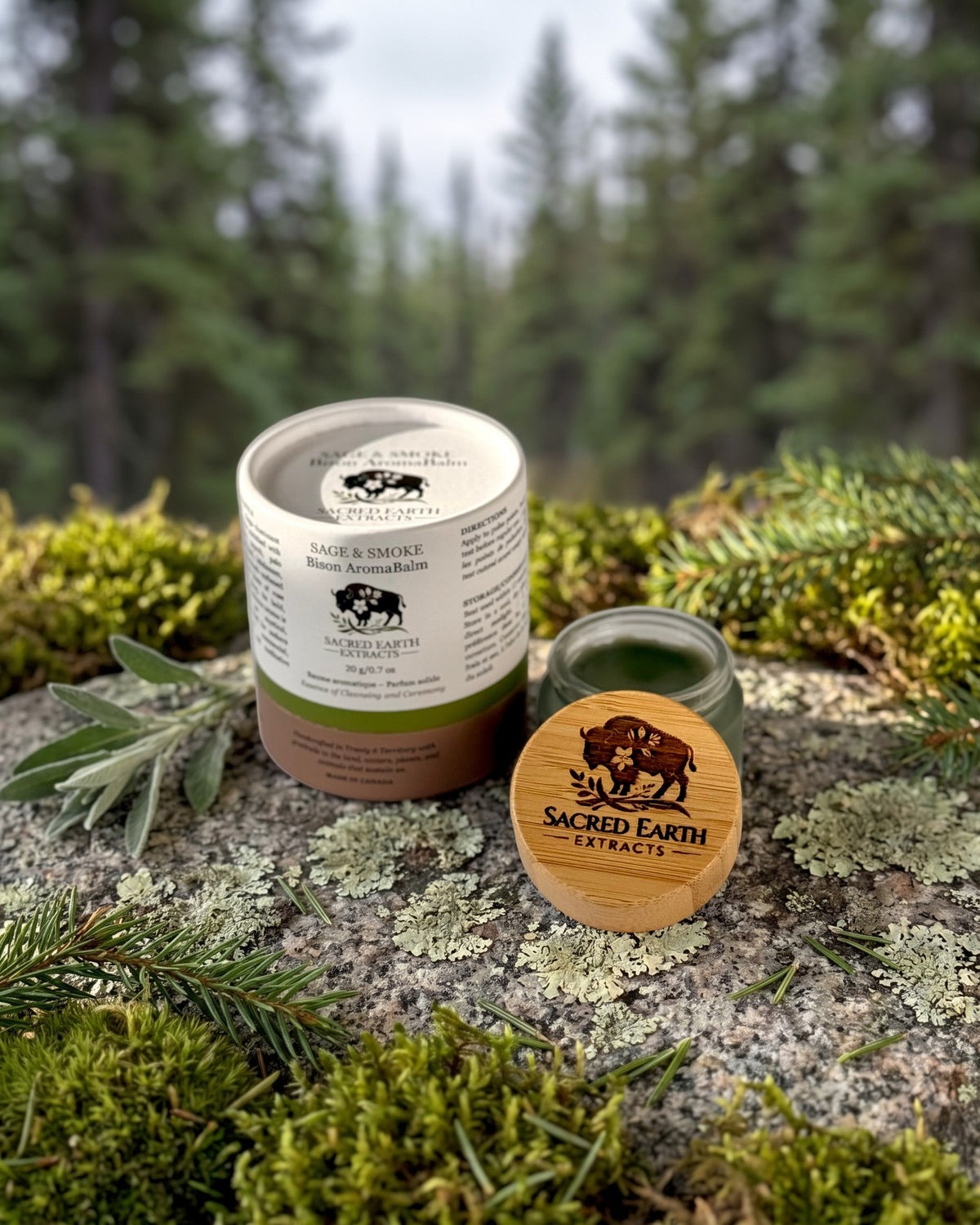 Sage & Smoke Bison AromaBalm on a lichen-covered granite stone on a boreal forest floor