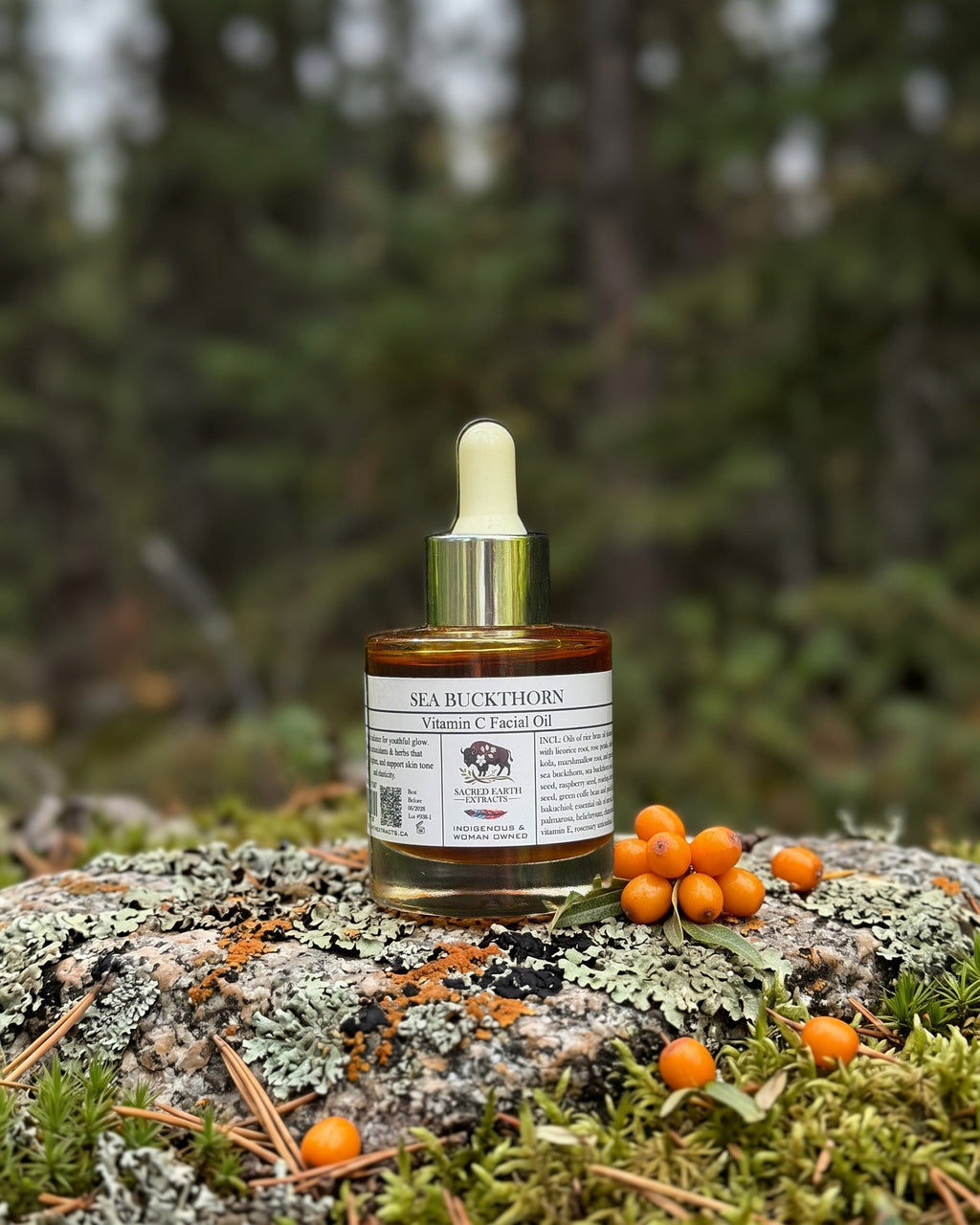 Sea Buckthorn Rejuvenation Oil on a lichen-covered granite stone on a boreal forest floor