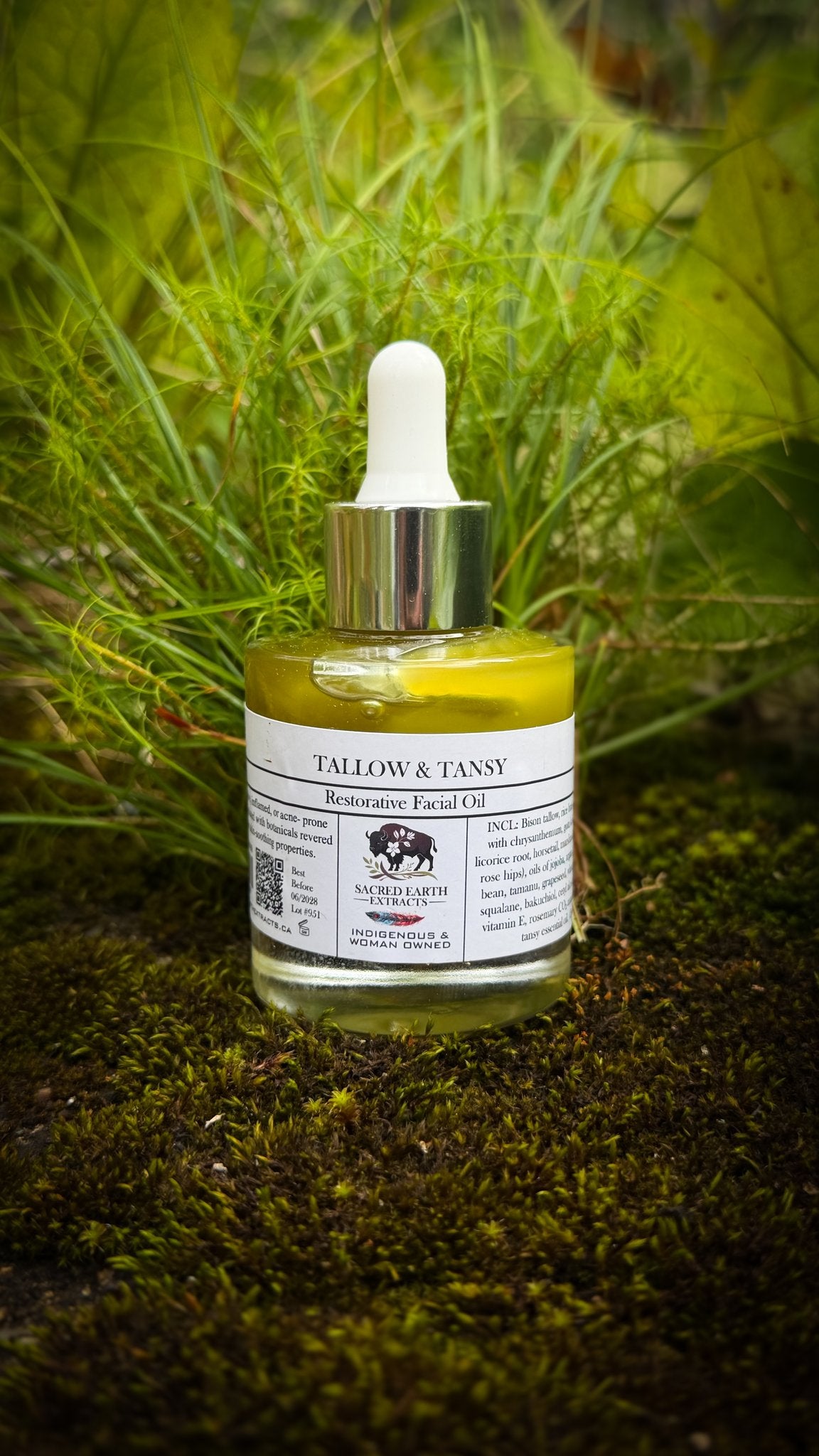 Tallow and Tansy facial oil dropper bottle in tall grass