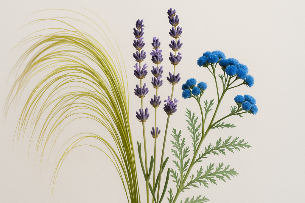sweetgrass and lavender and blue tansy